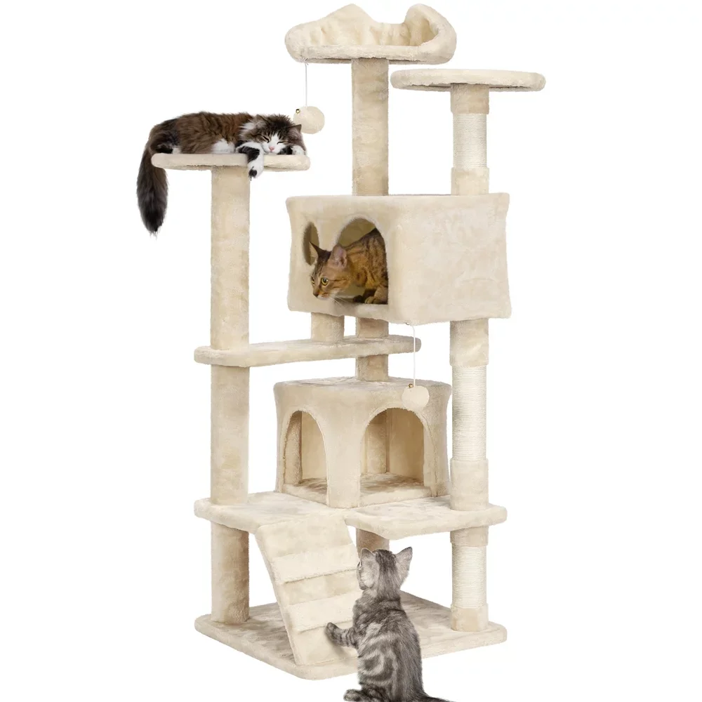 

51.2-in Cat Tree & CPost Tower, Beige, Cat Supplies, Cat Climbing Frame, Cat Toys, So That Cats Can Play Happily At Home