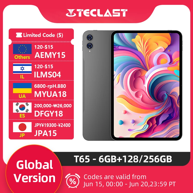 טאבלט Teclast T65 בגודל 13.4 אינץ' עם מסך 2K וקצב רענון של 120 הרץ, מעבד Unisoc T7280 בעל שמונה ליבות, זיכרון RAM מקסימלי של 26 ג'יגה-בייט, זיכרון ROM של 128 ג'יגה-בייט, סוללה 8000mAh, מערכת הפעלה אנדרואיד 16, ותמיכה בשני כרטיסי SIM.