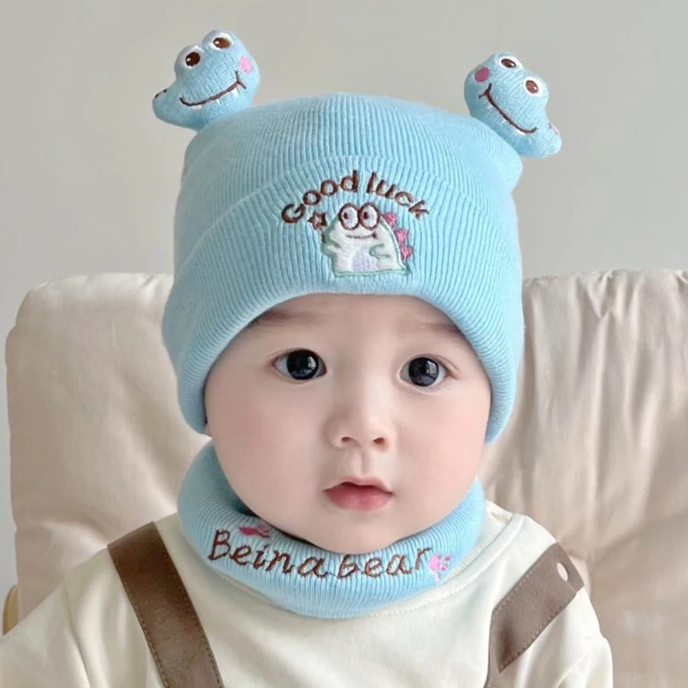 Good Luck Dinosaur Beanies Autumn Winter Boys Girls Baby Hat Cute Wool Knitted Hats Infant Cute Outdoor Windproof Scarf Set