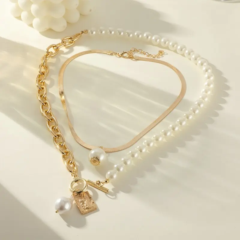 S91a42a7c49504612a2fb79cda973891d2 2PCS Gold-color Necklace Hip Hop Style Baroque Faux Pearls Head Square Pendant Jewelry Mallzona