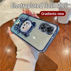 Glitter Bling Bear Silicone Phone Holder Case - Stylish Stand Back Cover for OPPO A78 4G (Blue)