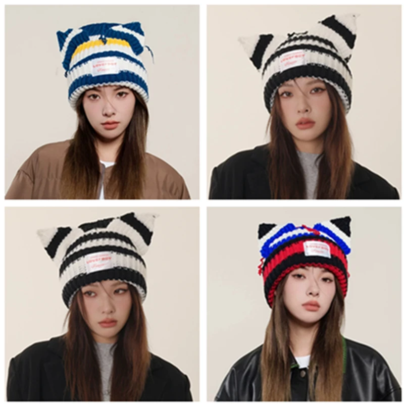 Hot Sale Women Y2K Style Winter Beanie Hat Outdoor Multicolor Cat Ear Loose Knit Hat Thick Warm All-Match Knitted Hat With Ear