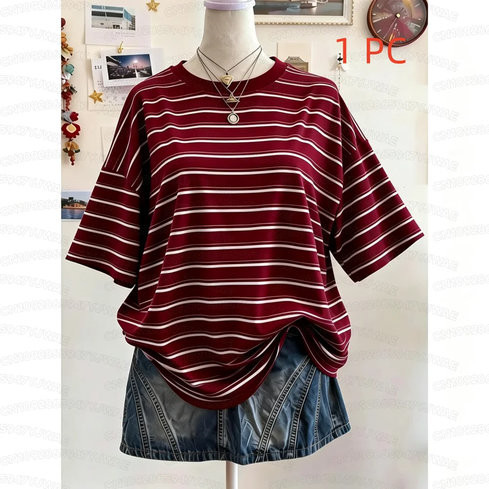 Sommer Y2K Gestreiftes Oversize-T-Shirt mit Rundhalsausschnitt und Fallschulter für Damen Kurzarm Street Casual Sport-Oberteil
