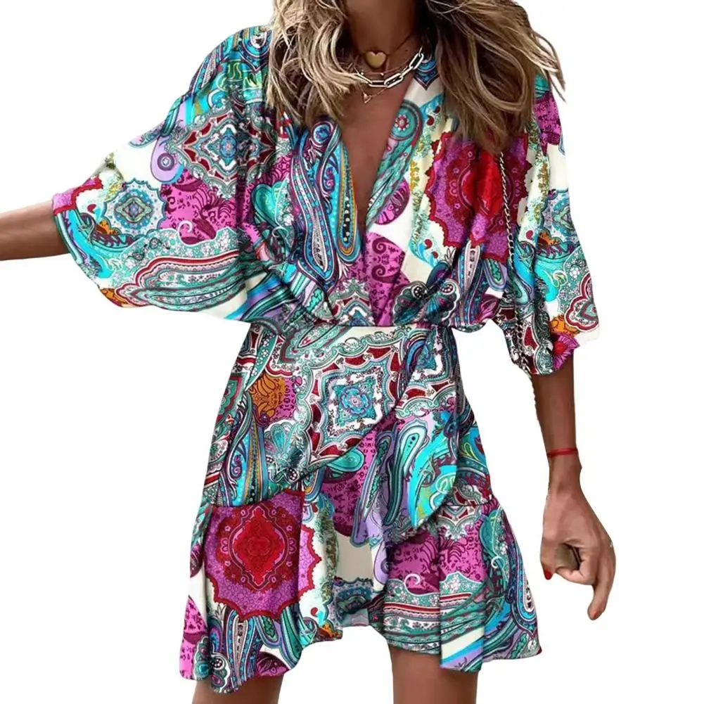 

Printed Dress Women Bat-sleeve Dress Colorful Print V Neck Summer Dress with Irregular Hem Ruffle Detail Women's High for Party