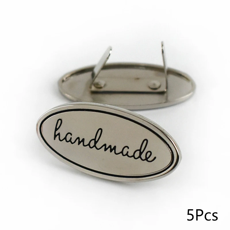 Garment Labels 5PC Hand Made Metal Labels Gold Silver Color Craft For Bags Purse Hand Made Letter Printed DIY Sewing