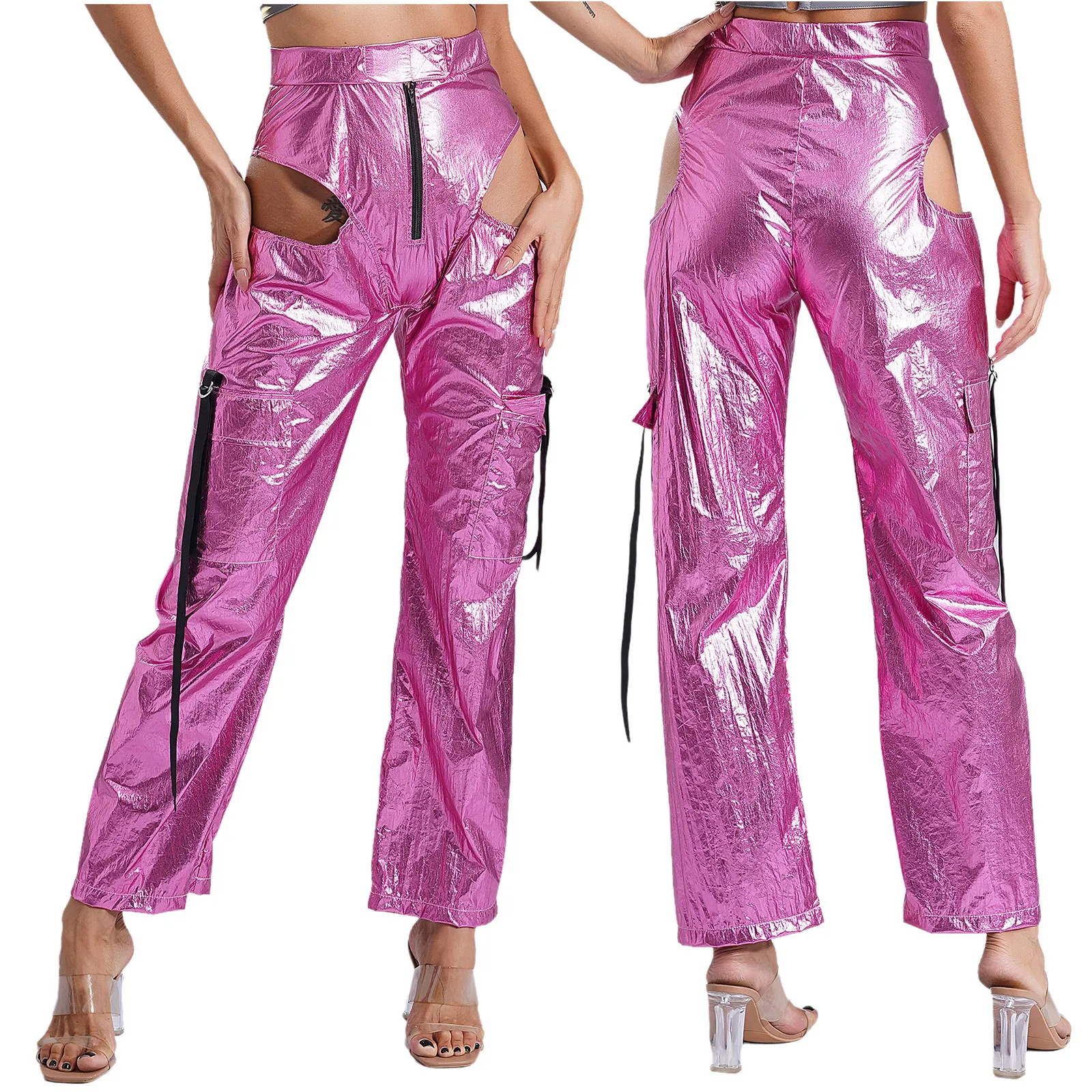 Pantalones Cargo metálicos brillantes para mujer, Pantalones rectos con bolsillos grandes y recortes de cintura alta, pantalones elegantes, traje de baile de Jazz Rave Club
