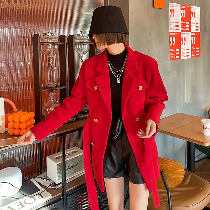 

Mid-length Houndstooth Plaid Woolen-clothes Coat With Sashes Women Red Black Double-breasted Long Sleeve Casual 2023 Spring New