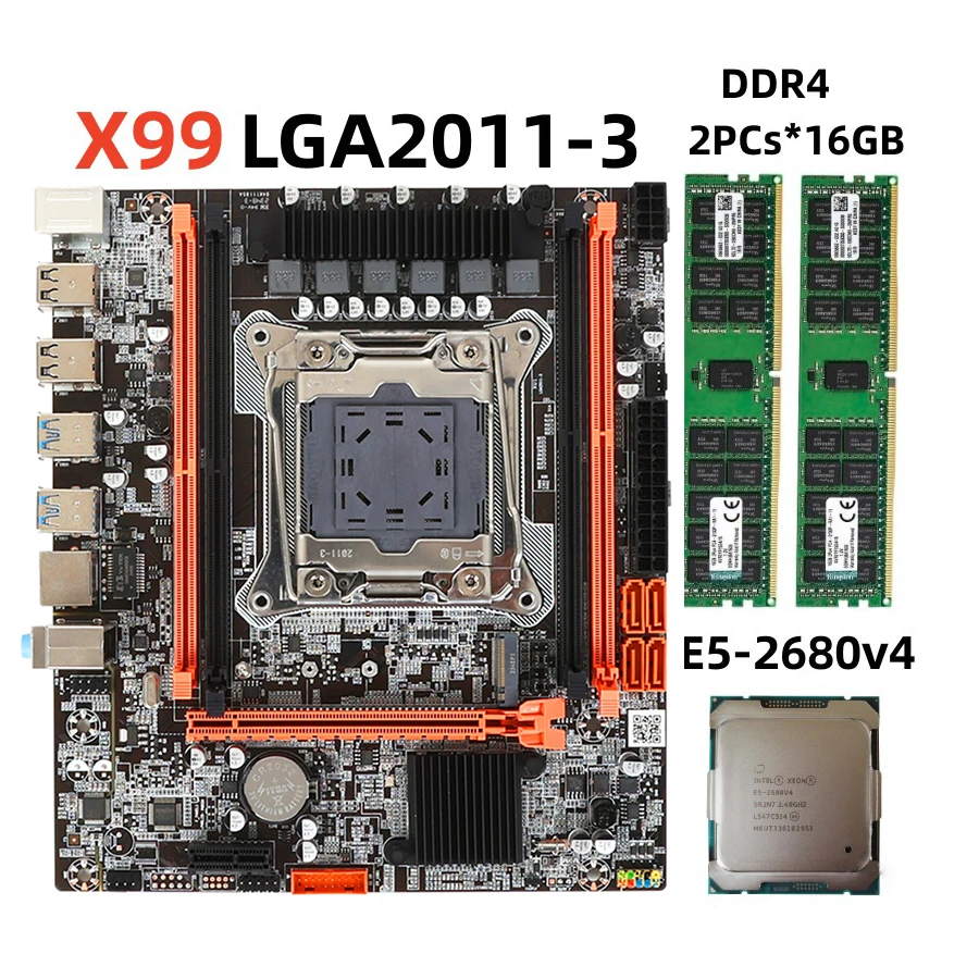 Server Memory Desktop Memory X99 Kit Motherboard set LGA2011-3 with E5 2680V4 processor 2PCS 16GB DDR4 ECC memory PCI-16 USB3.0 server M-ATX NVME M.2