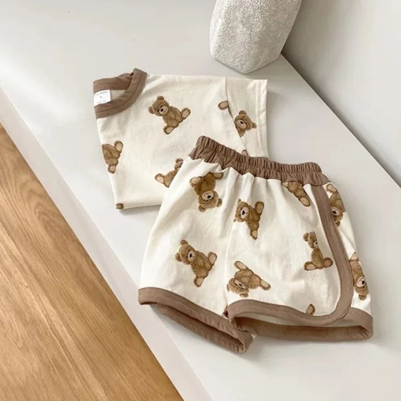 Summer Infant Baby Boys Girls Clothing Set Cotton Korean Bear Print Short Sleeve Tops T Shirt Shorts 2PCS Outfits Kids Clothes small baby clothing set	