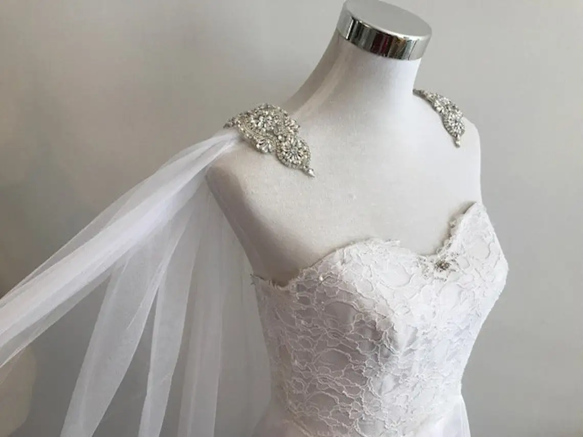 Cape Veil with Rhinestone Appliques on the Shoulder, Bridal Veil, White , Ivory and Off-White, 106 