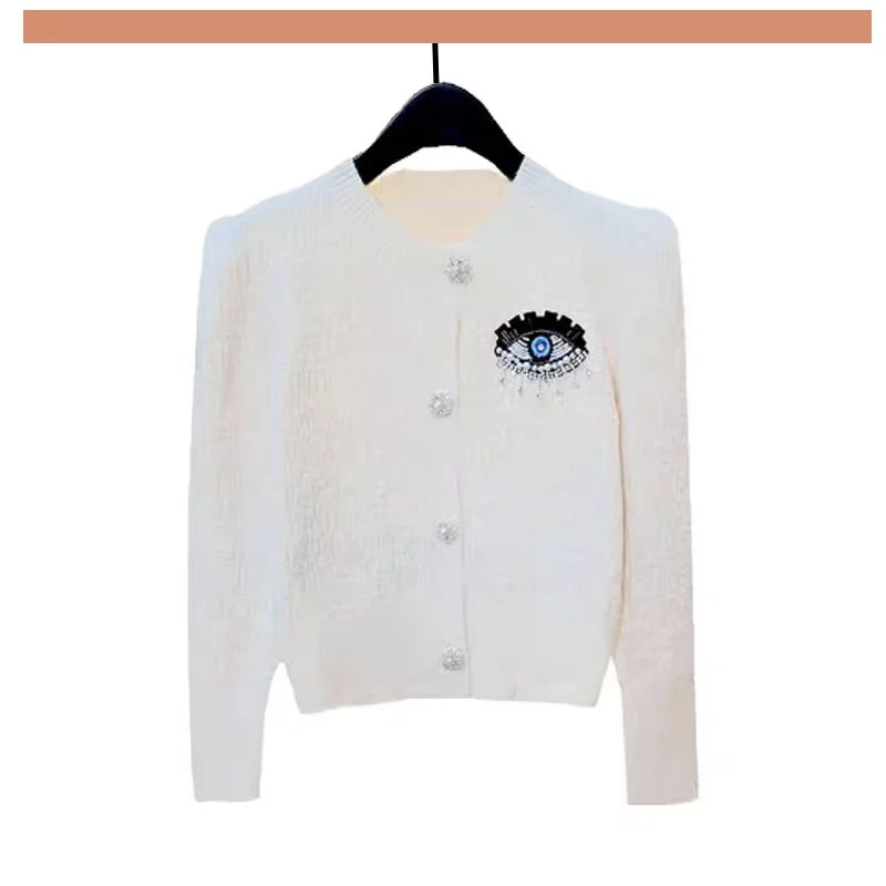 thumbnail image 1 of Suéter de punto para mujer con ojos bordados de diablo de diseñador de marca, cárdigan de mujer de estilo francés en blanco roto, nuevo para otoño/invierno 2024, 1 of 4