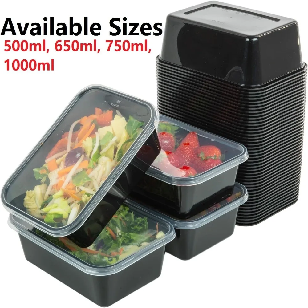 Disposable Containers Disposable Lunch Box Food Storage Containers 5Pcs/set Plastic Disposable Food Containers Useful with Lid Large Capacity Lunch Box Black Leakproof Fridge Storage Boxes