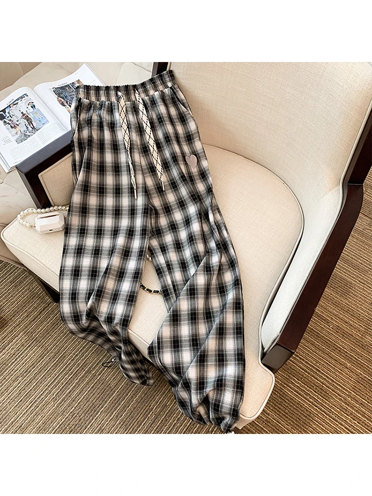 Black And White Plaid Pants Oversize Women Casual Loose Wide Leg