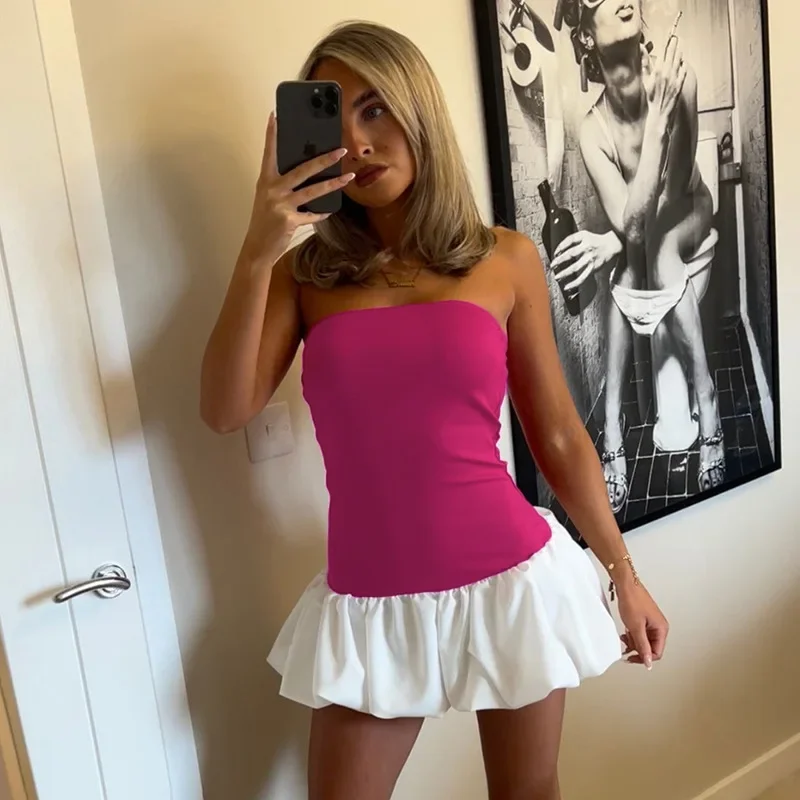 Summer Fashion Ruffled Mini Dress For Women Contrast High Waist Bandeau Patchwork Backless Dress Female Sexy Mini Dress