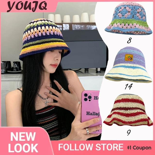 Ins Blogger Retro Hollow Cherry Handmade Knitted Flower Strip Fisherman Hats for Women Spring Summer