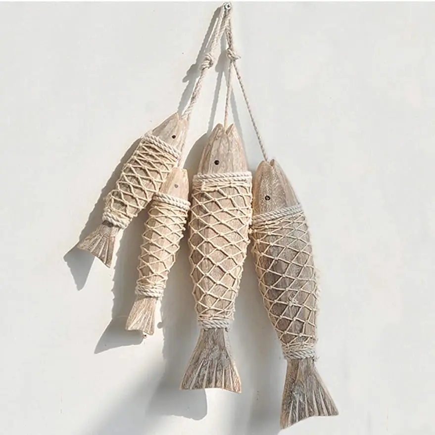 

4 Pack Antique Hand Carved Wood Fish Decor , Beach Theme Wall Art Hanging Wooden Nautical Fish Decorations for Home