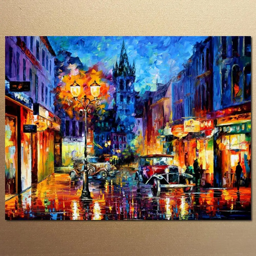 

Beautiful Street Canvas Art Landscape Painting Miami Handmade Modern Abstract Artwork Wall Pictures for Living Room Hotel Decor