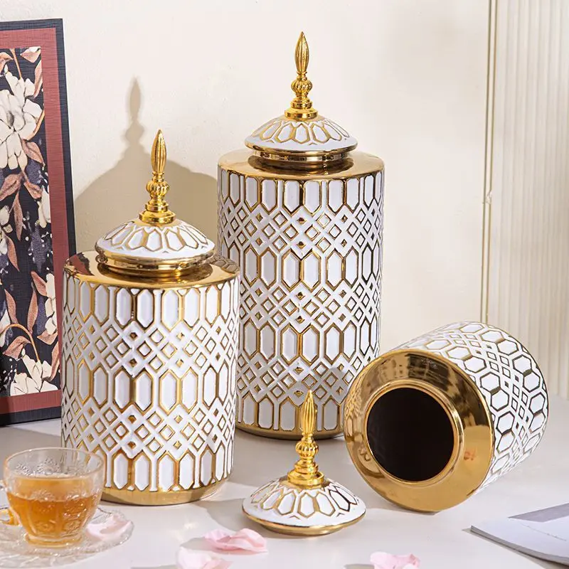 Ceramic Checkmate Jar Porcelain Jar of Ginger Flower Vase Gold Geometric Storage Tank Flower Arranging Craft Home Decoration 3