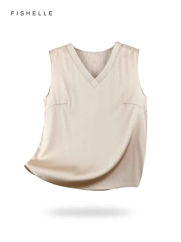 

Basic solid color beige natural silk V-neck tank top for women summer real silk vest female sleeveless inner layer tops clothes