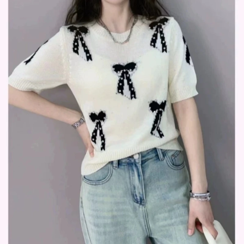 

Женский трикотажный свитер с бантом, футболка с бриллиантами, пуловер с коротким рукавом, элегантный стильный модный шикарный трикотажный джемпер, лето 2024