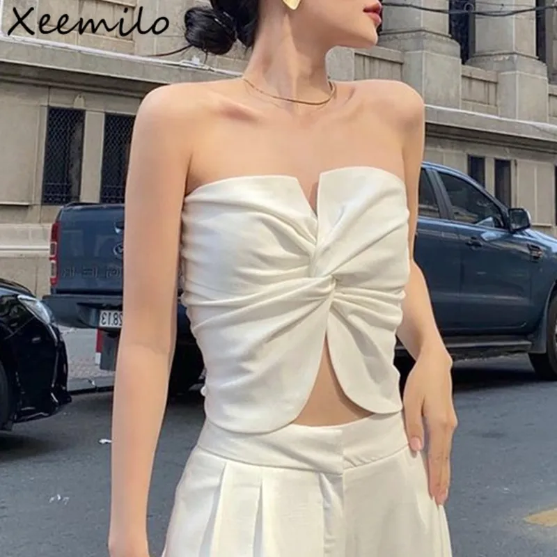 Xeemmilo Y2K Solid Twist Knot canotta donna senza spalline increspato Backless Sexy Backless Crop Top Casual Srteetwear gilet con spalle scoperte