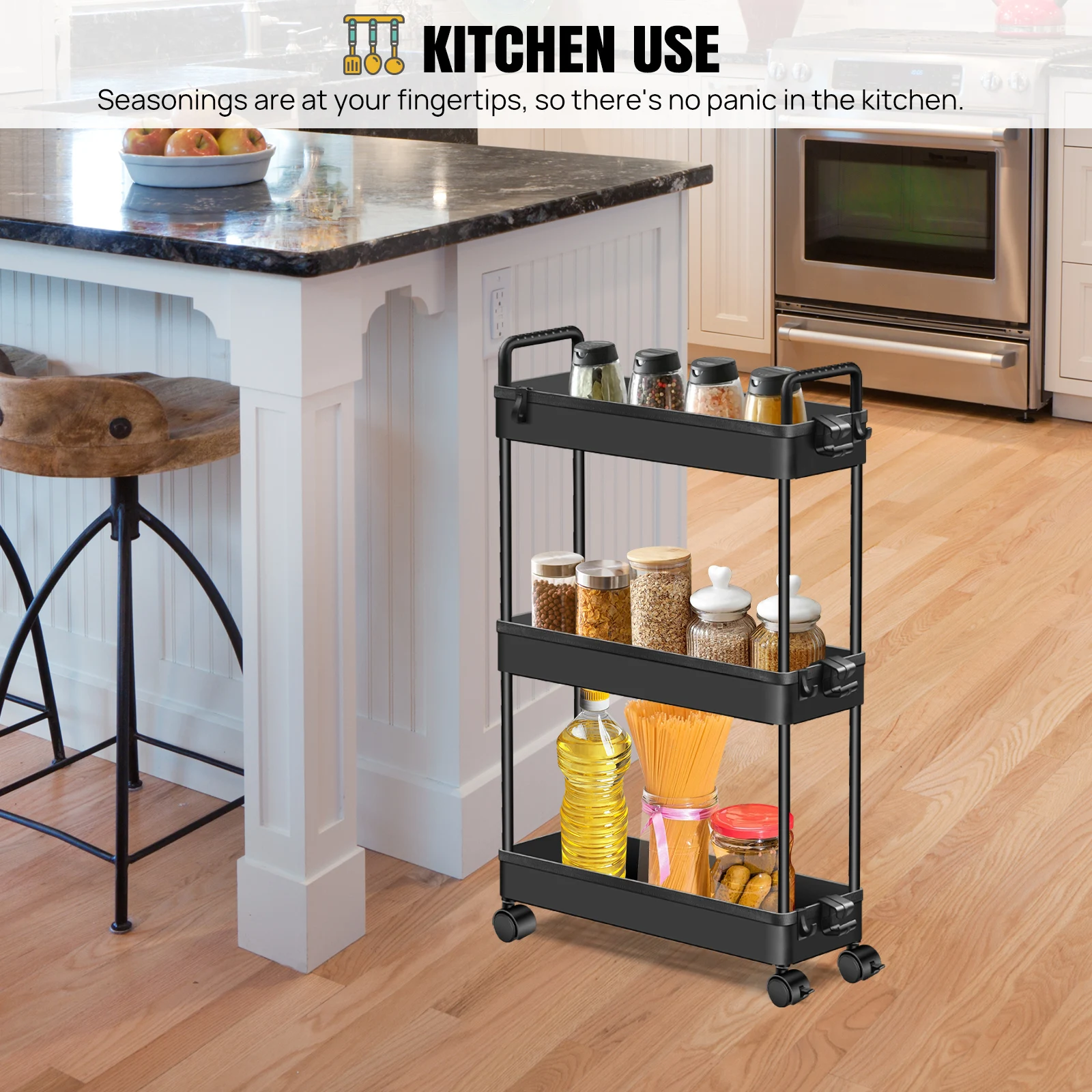 DayPlus 3-Tier Storage Trolley Cart Slide-out Slim Rolling Utility Cart Mobile Storage Shelving Organizer for Kitchen, Bathroom: 3 - 5 Days Free Delivery Only UK