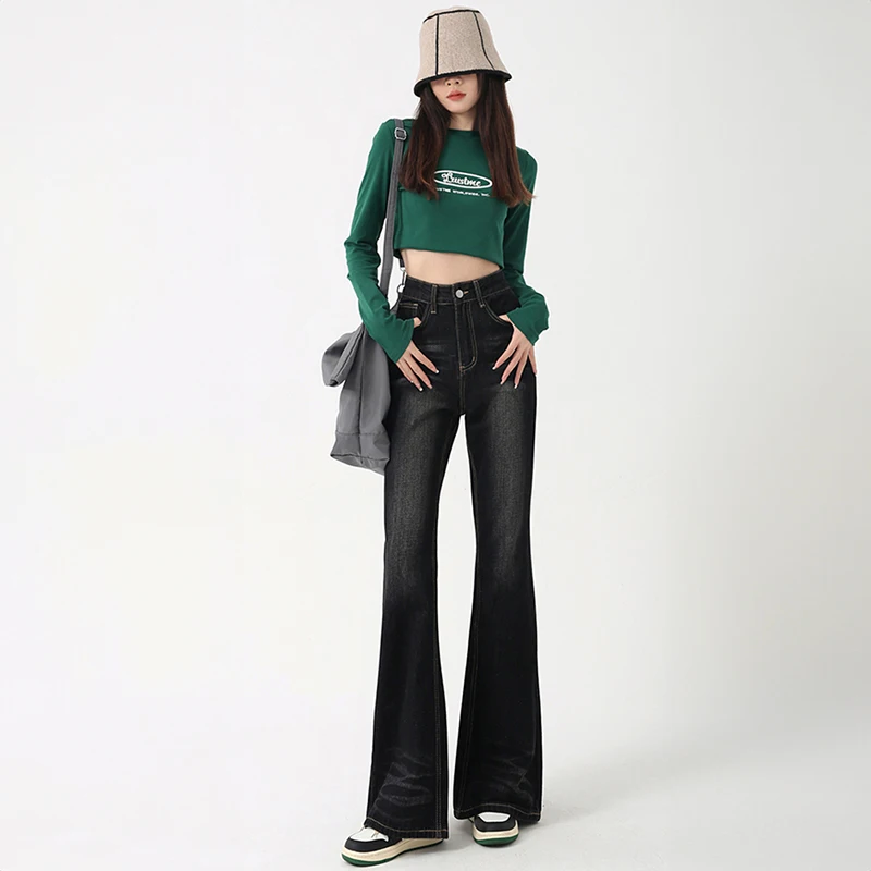 High Waist Women Wide Leg Trousers Cotton Black Washed Jeans Baggy Casual Fashion Female Full Length Straight Denim Pants Woman