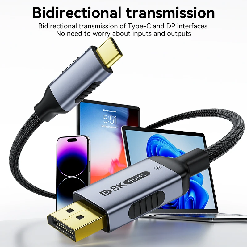Ultra HD USB C to DisplayPort 2.1 Cable - 8K@60Hz, 4K@144Hz