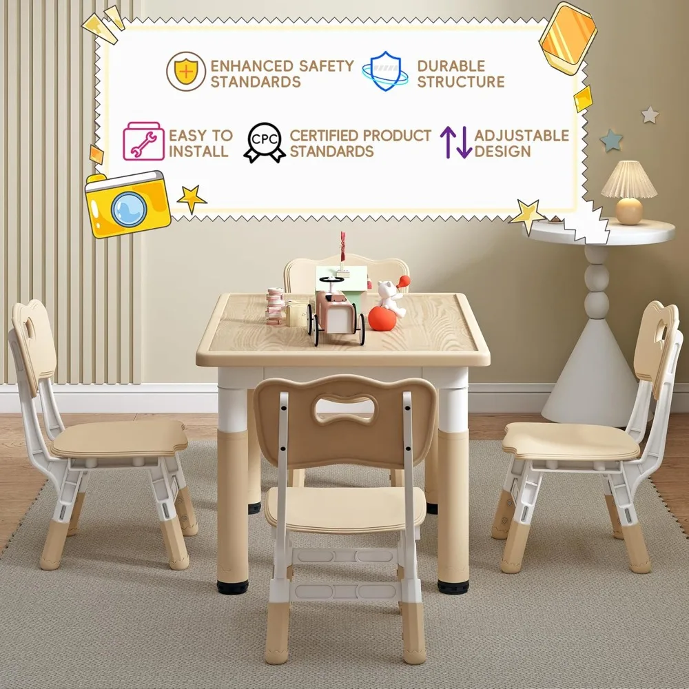 youthful table and chairs, artistic design desk and seat set, suitable for youngsters aged 3-8, 31.5" length x 23.6" width play