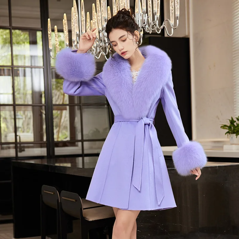 Fox Fur Collar Cashmere Coat For Woman Medium Long With Big Fox Fur Collar And Cuffs  Luxury Pure Wool Coat Lady Cashmere Coat