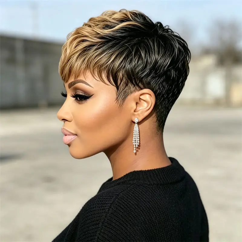 Parrucca Pixie Cut con frangia, realizzata a macchina, nera, bionda, riccia, a strati, in vero capello umano, per donne, per uso quotidiano e per eventi. - immagine 3