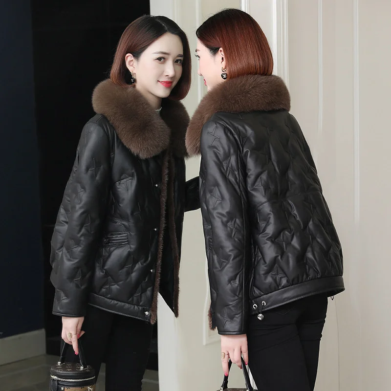 

Sheepskin Genuine Leather Warm Jacket Puffer Jacket Women Clothes Black Fox Fur Collar Short Winter Coat Jaqueta Feminina