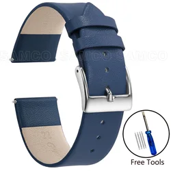 Elegant Minimalist Genuine Leather Watch Strap - Soft and Thin Wristband Bracelet Accessory - 22mm (Blue 1)