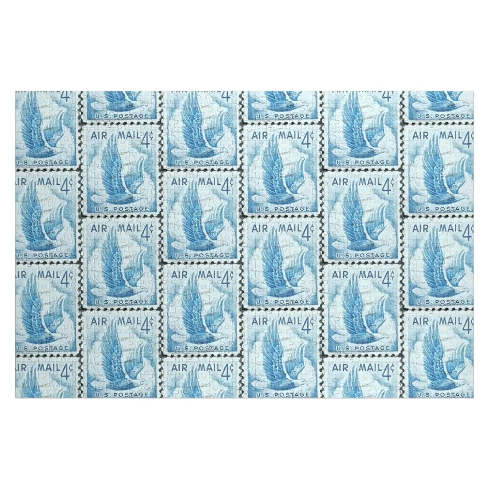 

Air Mail Eagle Blue Vintage Postage Stamp Jigsaw Puzzle Woods For Adults Custom Wood Puzzle