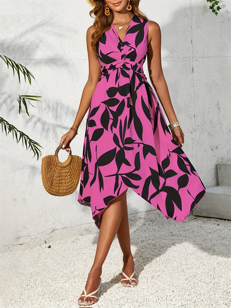 Beach Women Midi Dress 2024 Summer New Plus Size Maxi Long One Piece Dress Elegant Casual Leaf Printed Hem Dress Vestidos Female 5