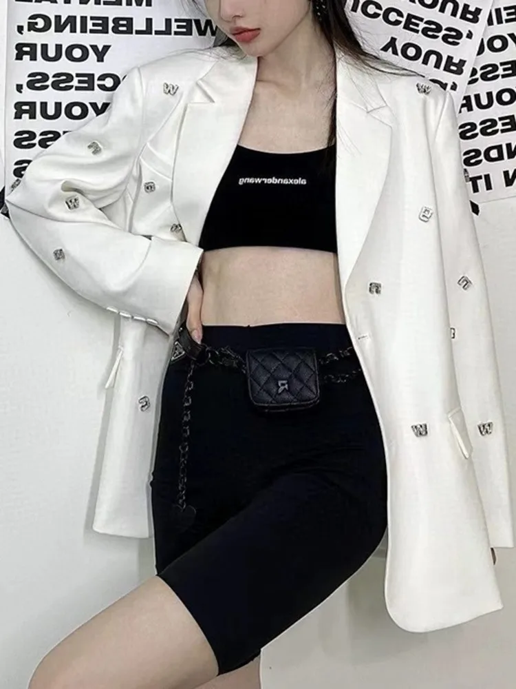 UCXQ Temperament Notched Collar Diamond Letter Spliced Blazer Jacket For Women Casual Loose Suits Coats 2024 Autumn New 23A4591
