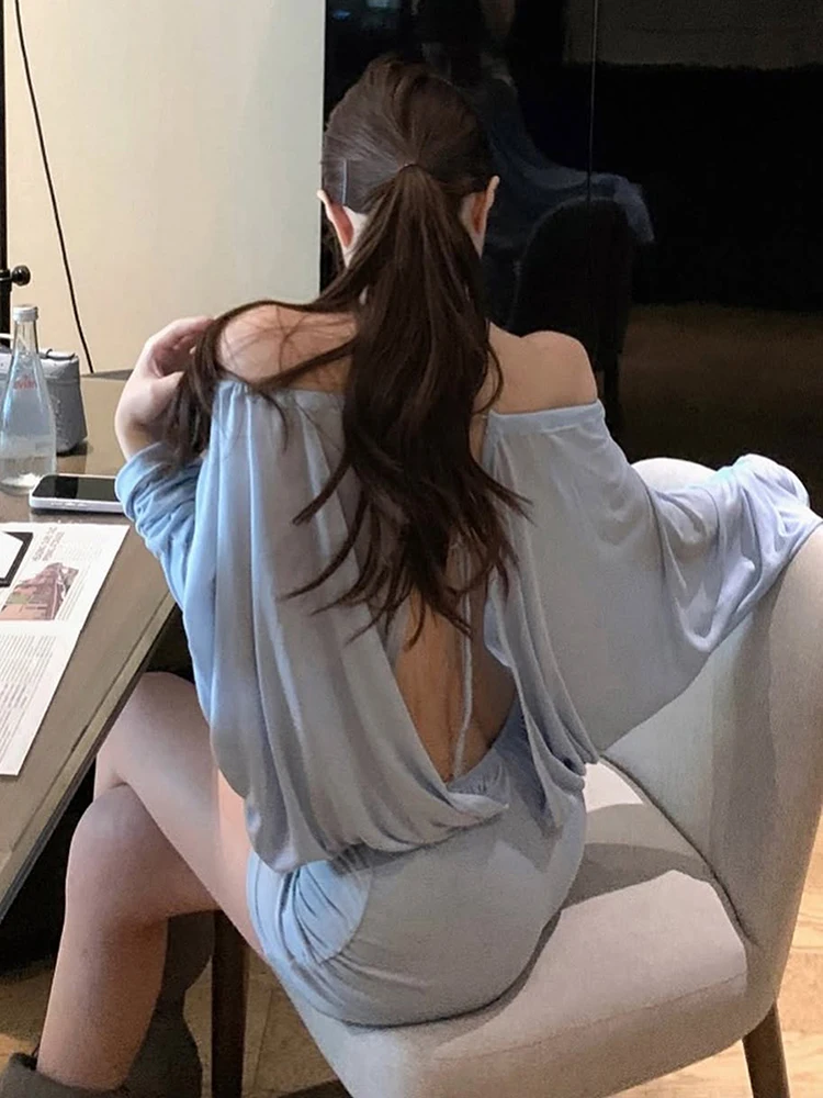 Nibber Ruched Dress Women Slash Neck Sexy Bat Sleeve Backless Bandage Club Streewear Stretch Peach Hip Elegant Chic Mini Bodycon