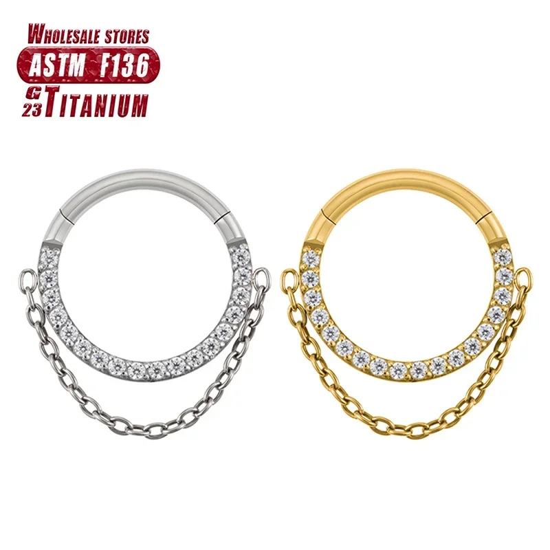 

Septum Piercing Tragus Nose Rings Clicker Hinged Section F136 Titanium 6G Welding Chain Zircon Cartilage Earrings Body Jewelry