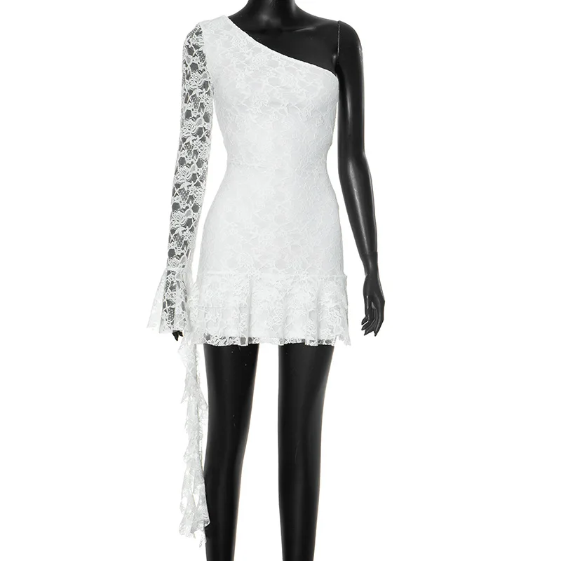 Fashion New Irregular Collar One Shoulder Flared Sleeve Ruffled Lace Mini Dress Elegant White Streamer Party Sexy Bodycon Skirt
