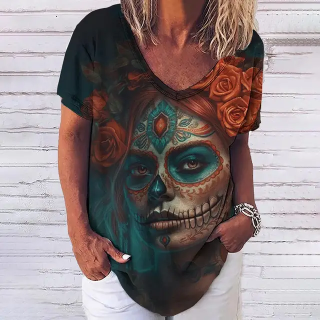 Summer 2023 New 3D Horror Skull Print Womens V-neck Top Short Sleeve T-shirt