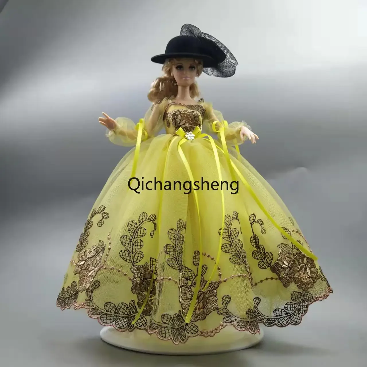 

1/6 Doll Outfits Floral Yellow Puff Sleeve Wedding Dress For Barbie Clothes For Barbie Dolls Accessories Princess Gown Kids Toys