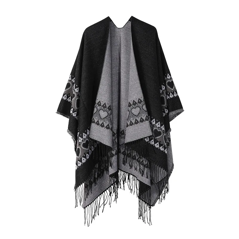 

Poncho New Split Warm Shawl Vintage Ethnic Style Scarf Imitation Cashmere Tassel Women Cape Lady Cloak Warm Coat Black