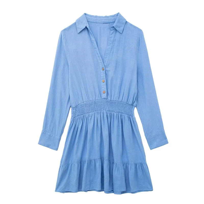 

Woman Sweet Blue Linen A-line Mini Dress 2023 Spring Female Elastic Waisted Shirt Short Dress Girls Solid Ruffles Dresses