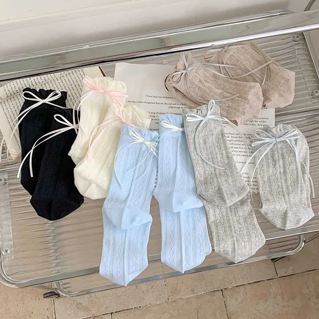 Calzini per donna stile coreano nuovi calzini sottili Sweet Lolita tinta unita carino fiocco traspirante calzini lunghi moda giapponese maglia femminile 1
