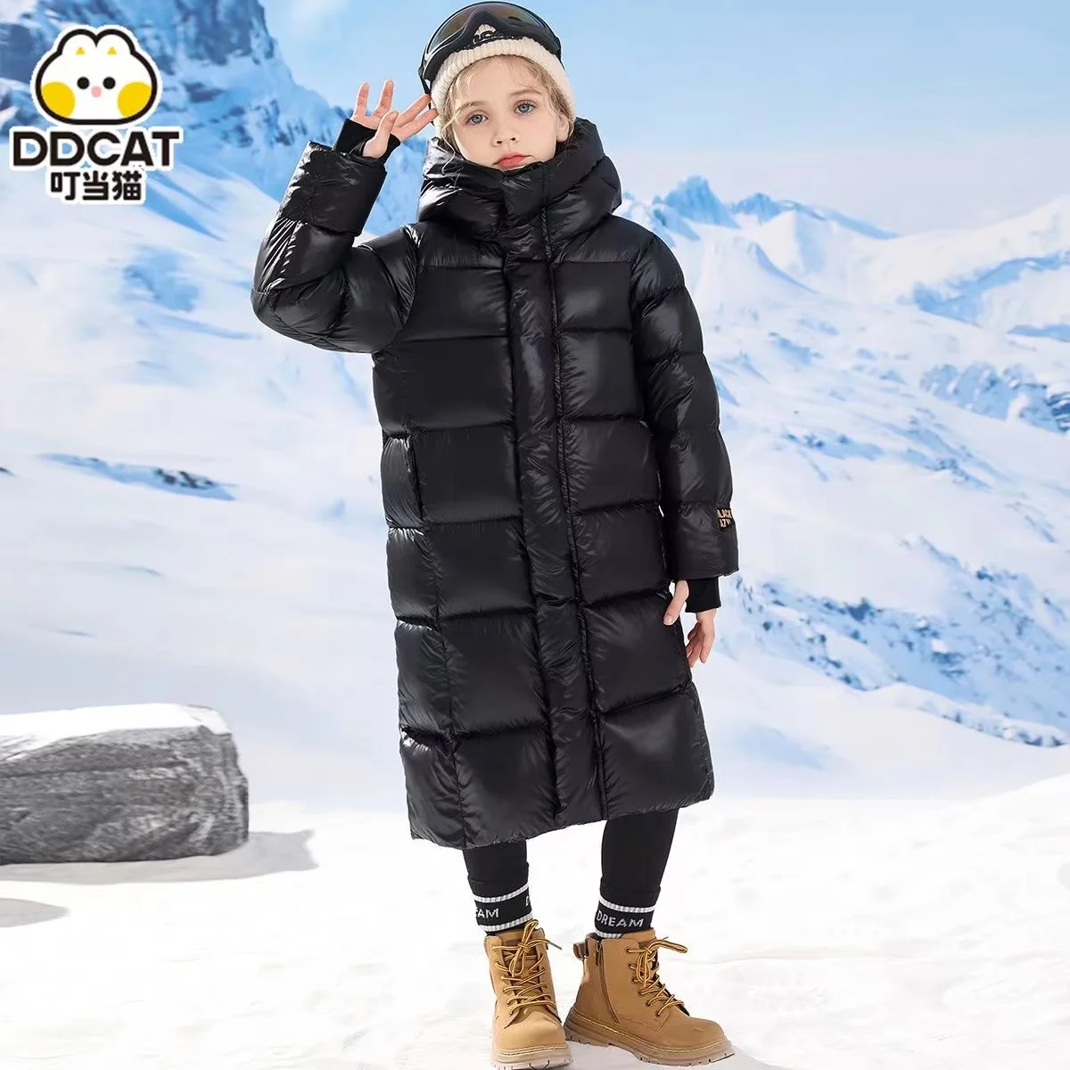 New Black Gold Down Cotton Jacket for Children Extended Thick Winter Cotton Jacket for Boys and Girls Thick Coat