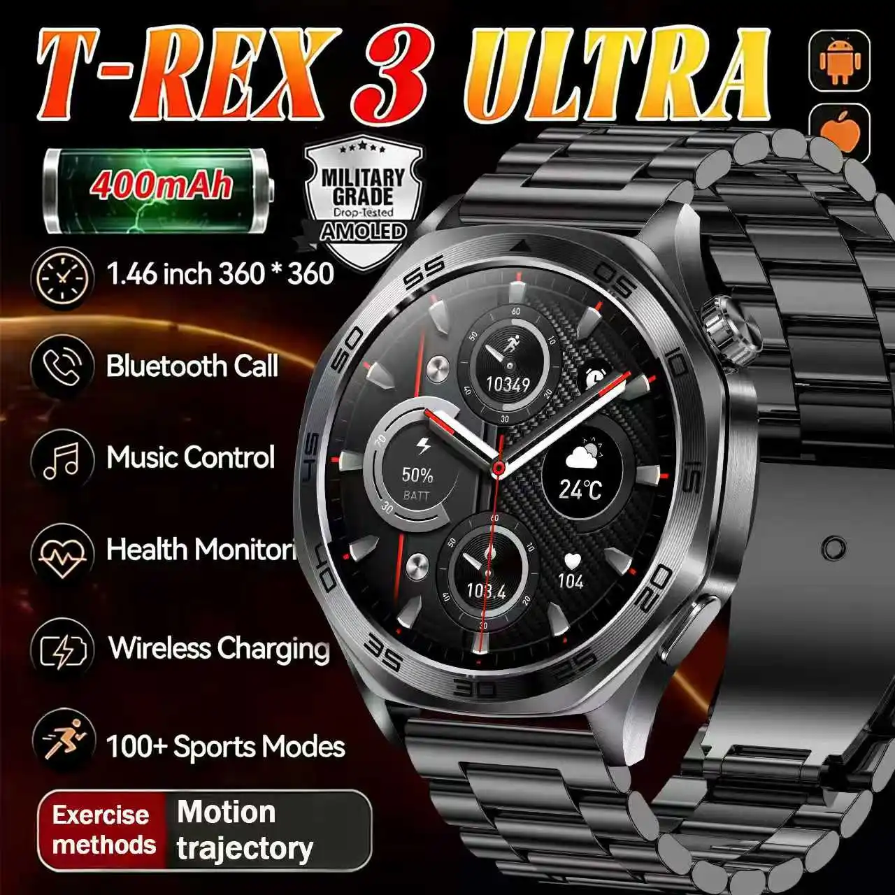 2026 Men Smart Watch 1.46inch LED Flashlight BT Calling Outdoor Sports Compass Health Monitoring 400mAh Large Battery Smartwatch 1