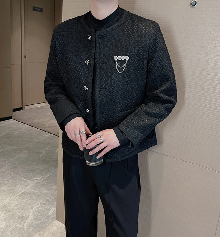 Description Picture 3 of item2023 Autumn Winter Men's Woolen Jacket Fashion Loose Round Neck Woven Jacket Male Casual Business Social Streetwear Overcoat