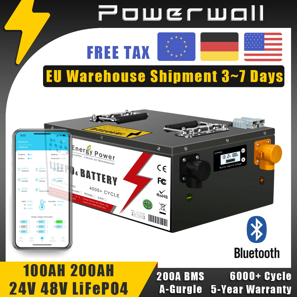 LiFePO4 24V 48V 100Ah 200Ah LiFePO4 Lithium Battery Bluetooth BMS 6000+ cyclic for Inverter Solar RV Golf Cart No Tax