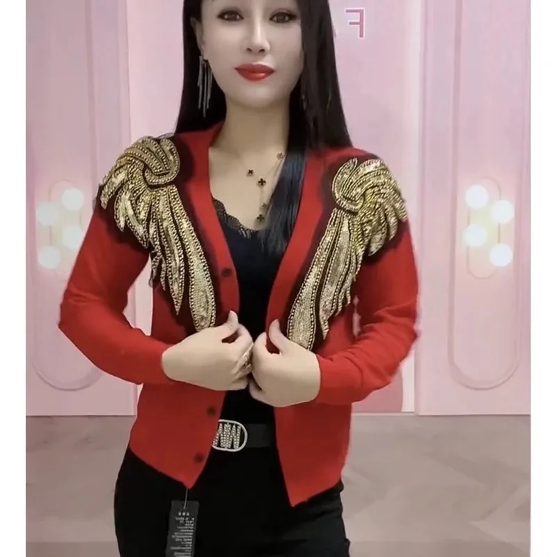 

Fashion Spring Summer Autumn Coat Jacket 2024 New Women Heavy Industry Nail Beads Splicing Fake Two Long Sleeved Base Shirt Top