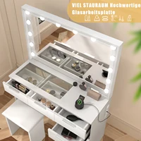 Большой туалетный столик с зеркалом и табуреткой, Блюдовый столик со светодиодной подсветкой, косметический столик с 4 ящиками, столешница из закаленного стекла — изображение 2